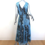 Ulla Johnson Adora Crisscross Midi Dress Blue Printed Metallic Fil Coupe Size 8