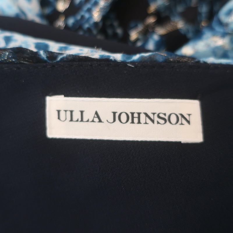 Ulla Johnson Adora Crisscross Midi Dress Blue Printed Metallic Fil Coupe Size 8