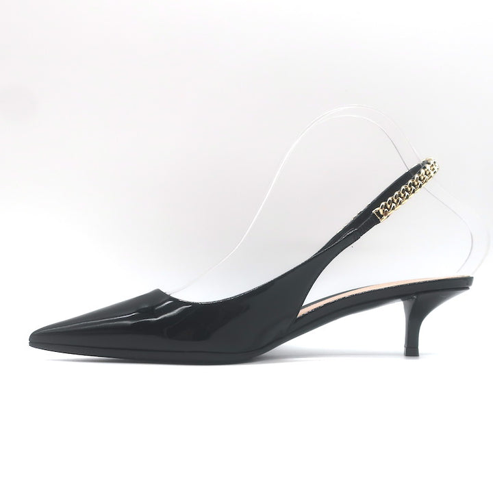 Gucci Signoria Logo Chain Slingback Pumps Black Patent Leather Size 38.5 NEW