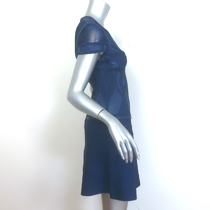 Herve Leger Snake-Embossed Leather &amp; Mesh Bandage Dress Navy Size Medium