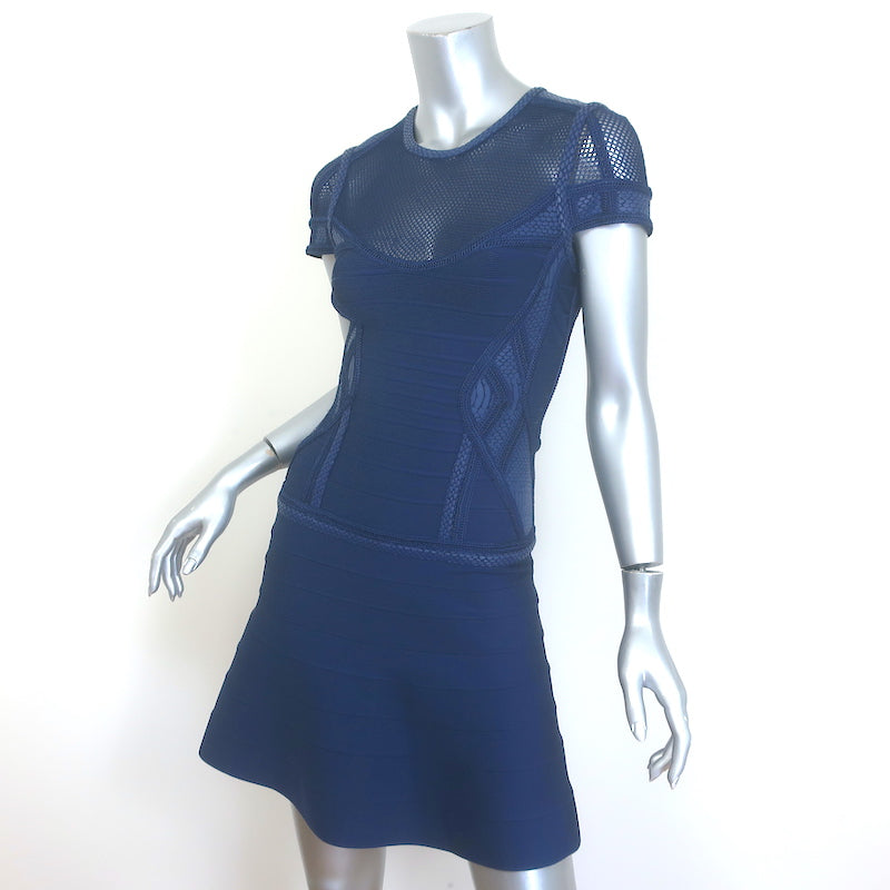 Herve Leger Snake-Embossed Leather &amp; Mesh Bandage Dress Navy Size Medium