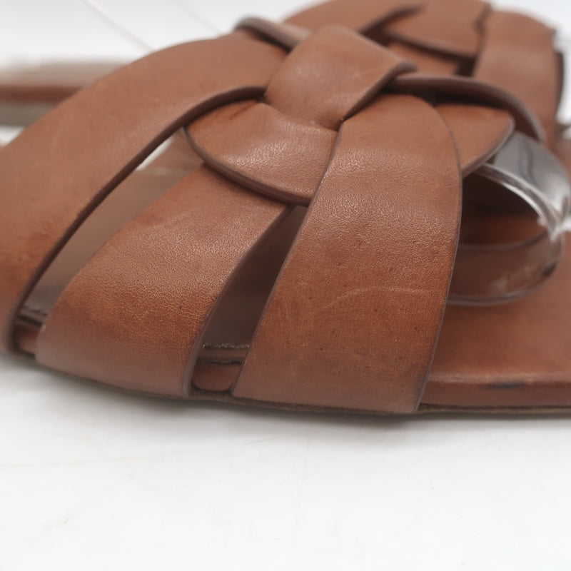 Saint Laurent Tribute Flat Slide Sandals Brown Leather Size 37