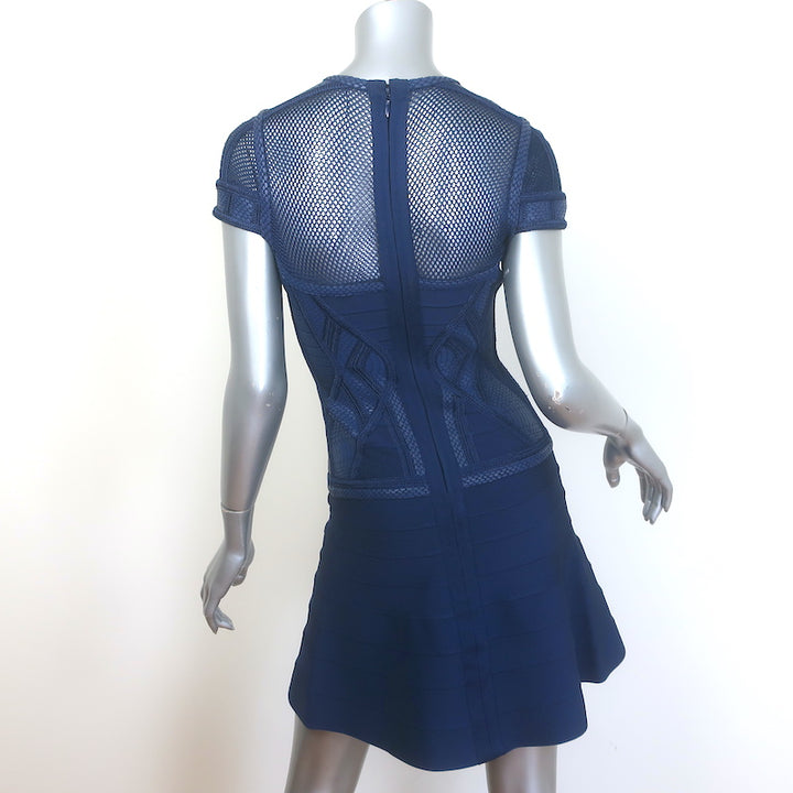 Herve Leger Snake-Embossed Leather &amp; Mesh Bandage Dress Navy Size Medium