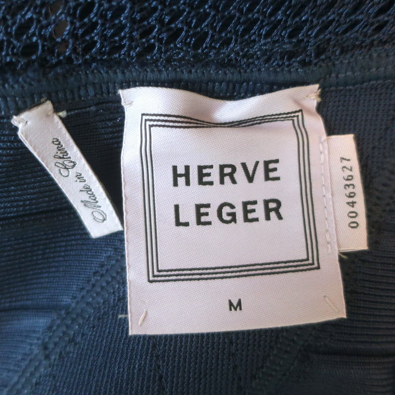 Herve Leger Snake-Embossed Leather &amp; Mesh Bandage Dress Navy Size Medium