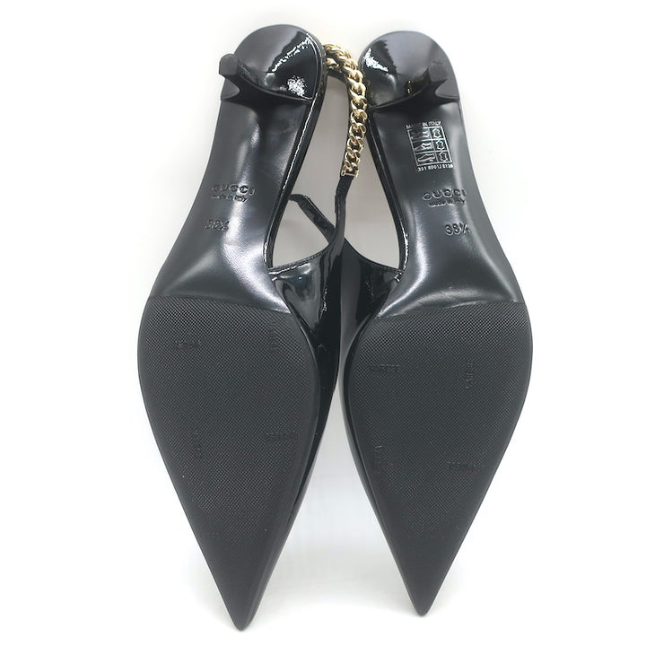 Gucci Signoria Logo Chain Slingback Pumps Black Patent Leather Size 38.5 NEW