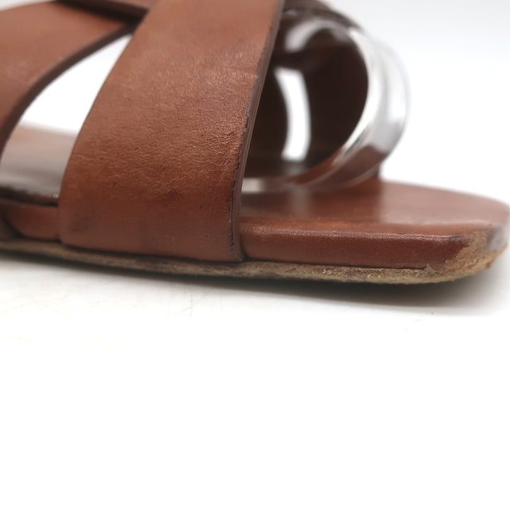 Saint Laurent Tribute Flat Slide Sandals Brown Leather Size 37