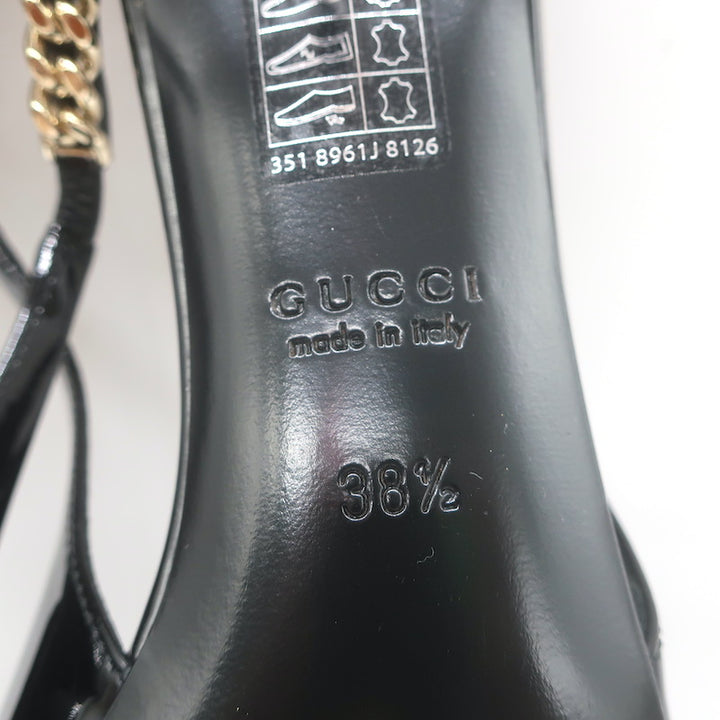 Gucci Signoria Logo Chain Slingback Pumps Black Patent Leather Size 38.5 NEW