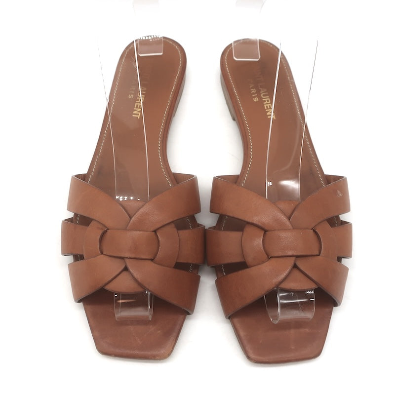 Saint Laurent Tribute Flat Slide Sandals Brown Leather Size 37