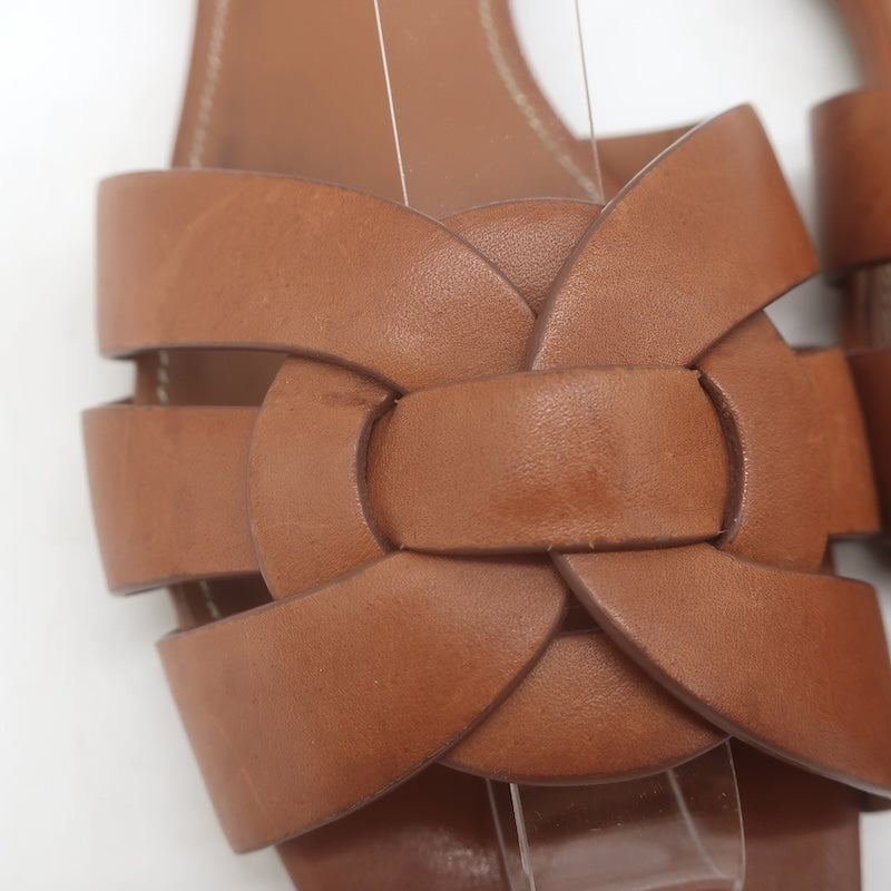 Saint Laurent Tribute Flat Slide Sandals Brown Leather Size 37
