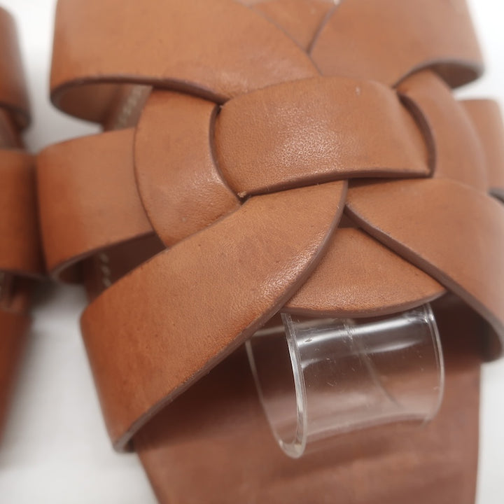 Saint Laurent Tribute Flat Slide Sandals Brown Leather Size 37