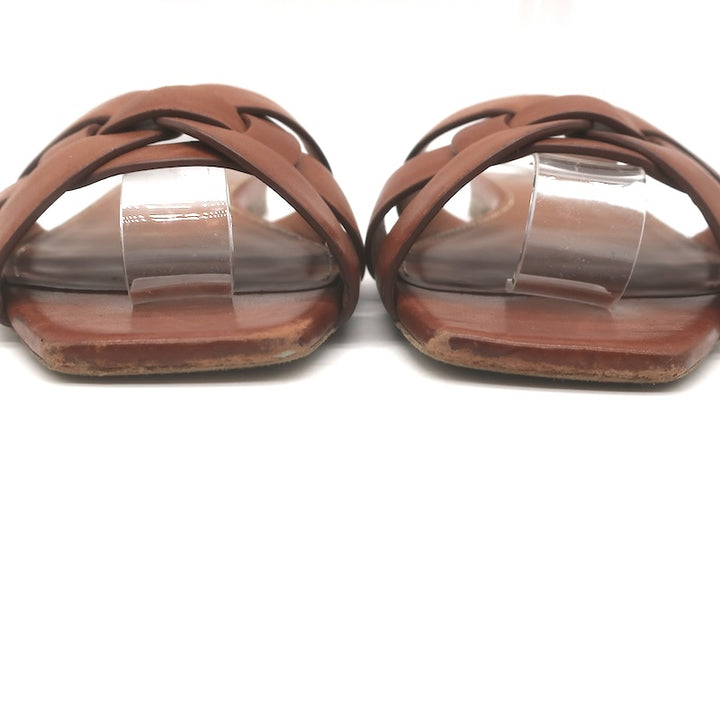 Saint Laurent Tribute Flat Slide Sandals Brown Leather Size 37