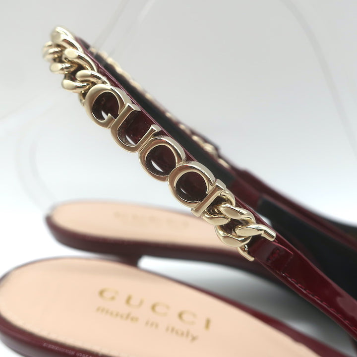 Gucci Signoria Logo Chain Slingback Pumps Burgundy Patent Leather Size 38.5 NEW