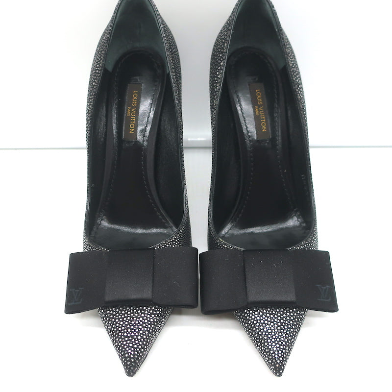 Louis Vuitton Lipstick Bow Pumps Black/Silver Galuchat Leather &amp; Satin Size 37.5