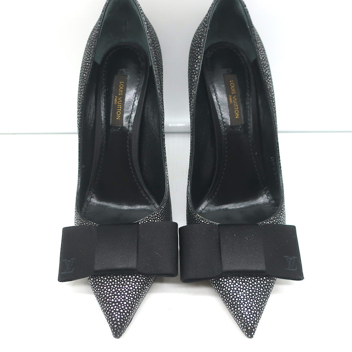 Louis Vuitton Lipstick Bow Pumps Black/Silver Galuchat Leather &amp; Satin Size 37.5