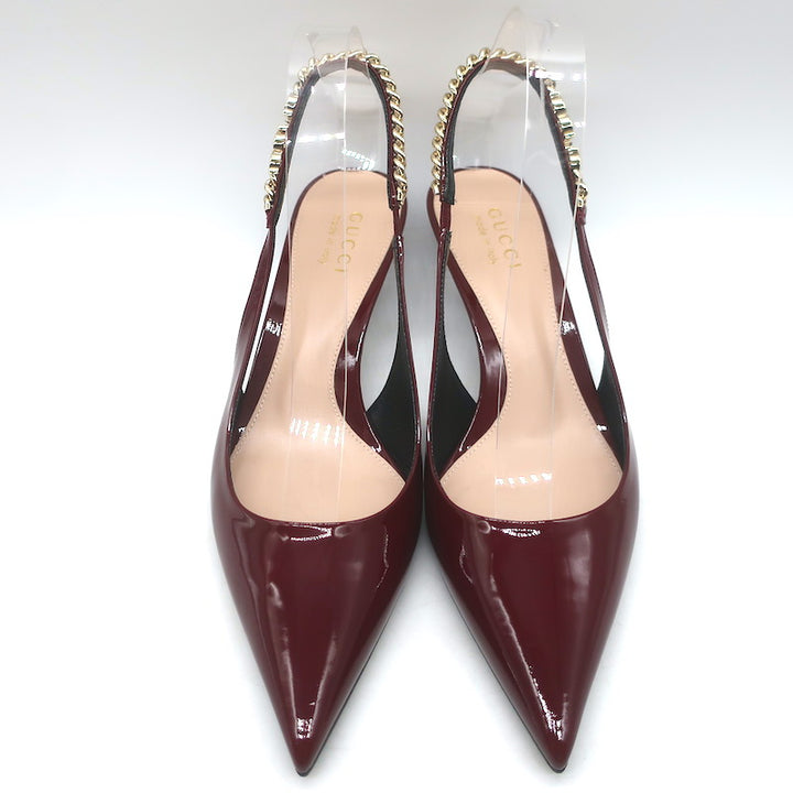 Gucci Signoria Logo Chain Slingback Pumps Burgundy Patent Leather Size 38.5 NEW