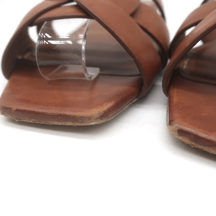 Saint Laurent Tribute Flat Slide Sandals Brown Leather Size 37