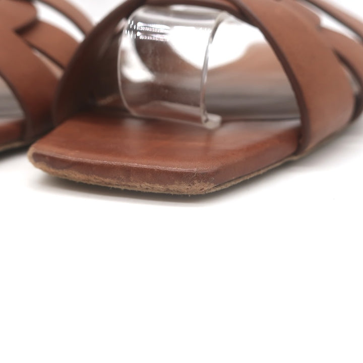 Saint Laurent Tribute Flat Slide Sandals Brown Leather Size 37