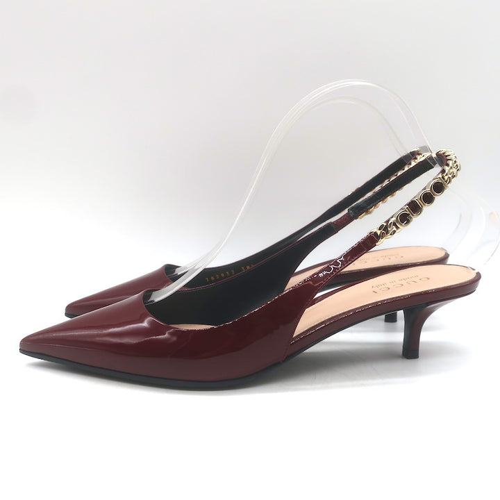 Gucci Signoria Logo Chain Slingback Pumps Burgundy Patent Leather Size 38.5 NEW