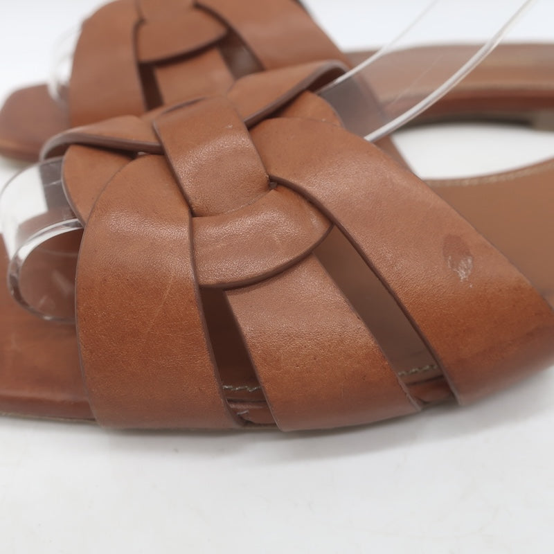 Saint Laurent Tribute Flat Slide Sandals Brown Leather Size 37