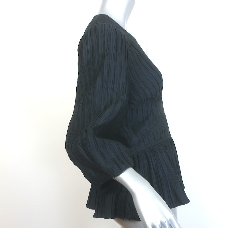 Jonathan Simkhai Blouson-Sleeve Drawstring Top Black Pleated Satin Size 6