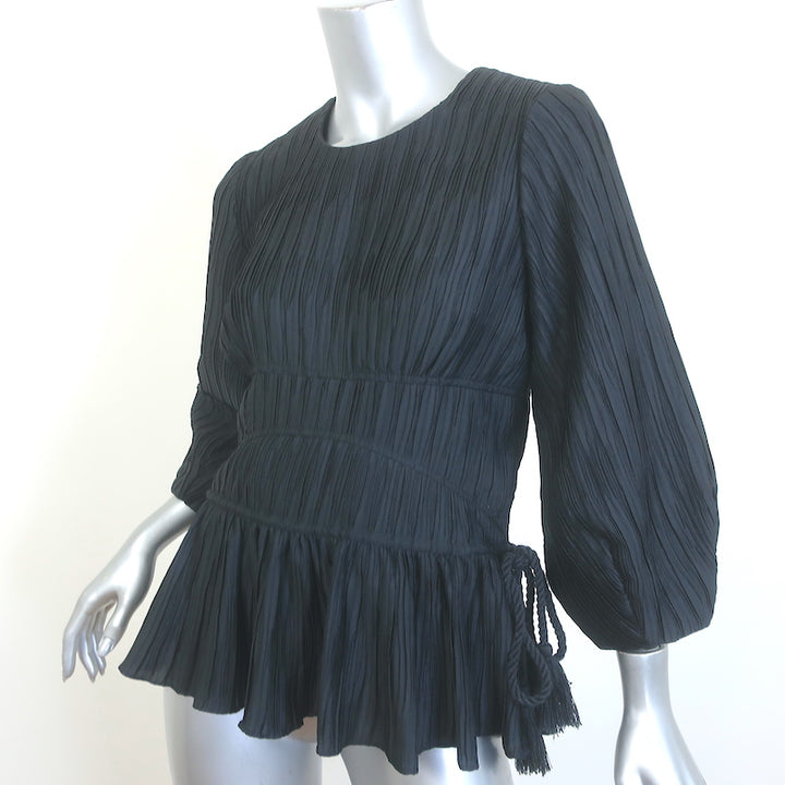 Jonathan Simkhai Blouson-Sleeve Drawstring Top Black Pleated Satin Size 6