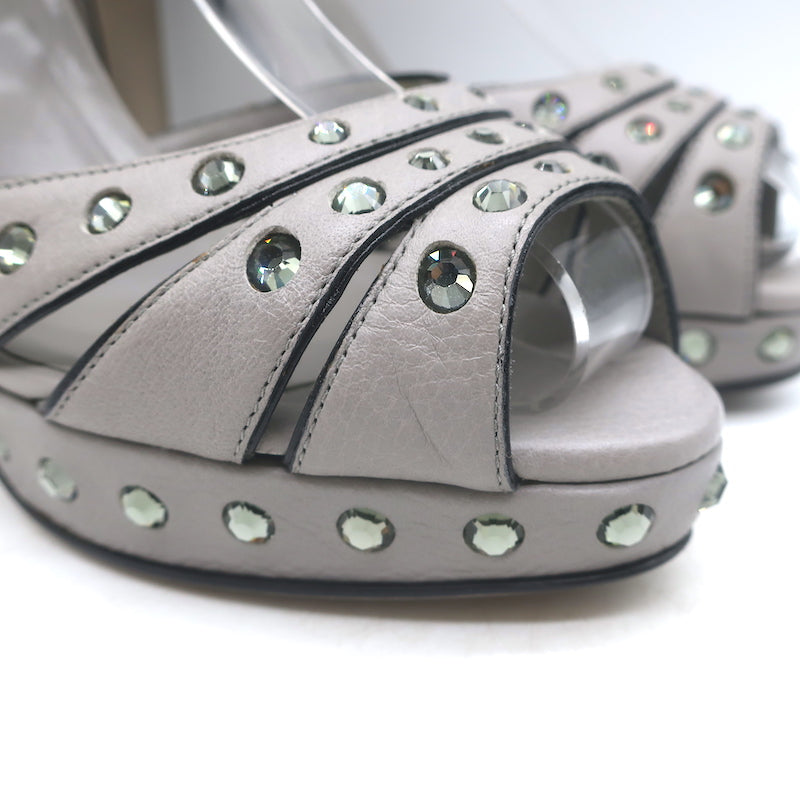 Valentino Crystal-Embellished Platform Slingback Sandals Gray Leather Size 37