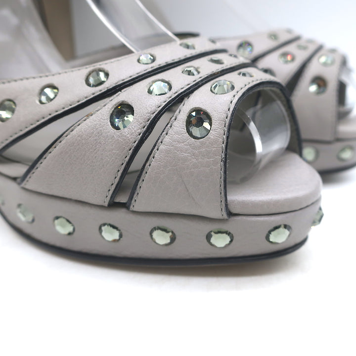 Valentino Crystal-Embellished Platform Slingback Sandals Gray Leather Size 37