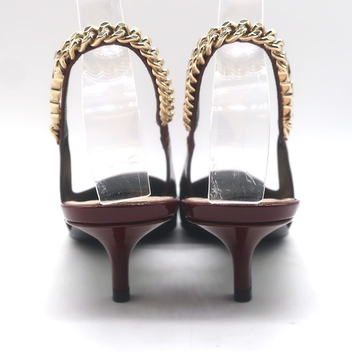 Gucci Signoria Logo Chain Slingback Pumps Burgundy Patent Leather Size 38.5 NEW