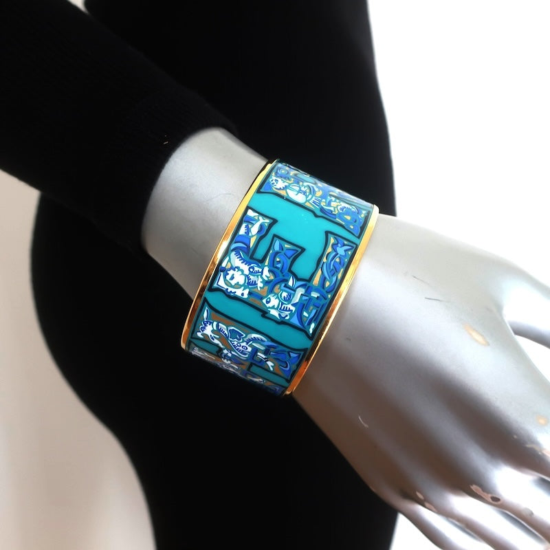 Hermes 2006 Russian Alphabet Extra Wide Enamel Bangle Bracelet Blue