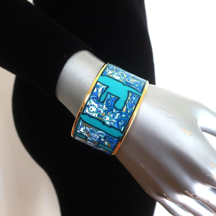 Hermes 2006 Russian Alphabet Extra Wide Enamel Bangle Bracelet Blue