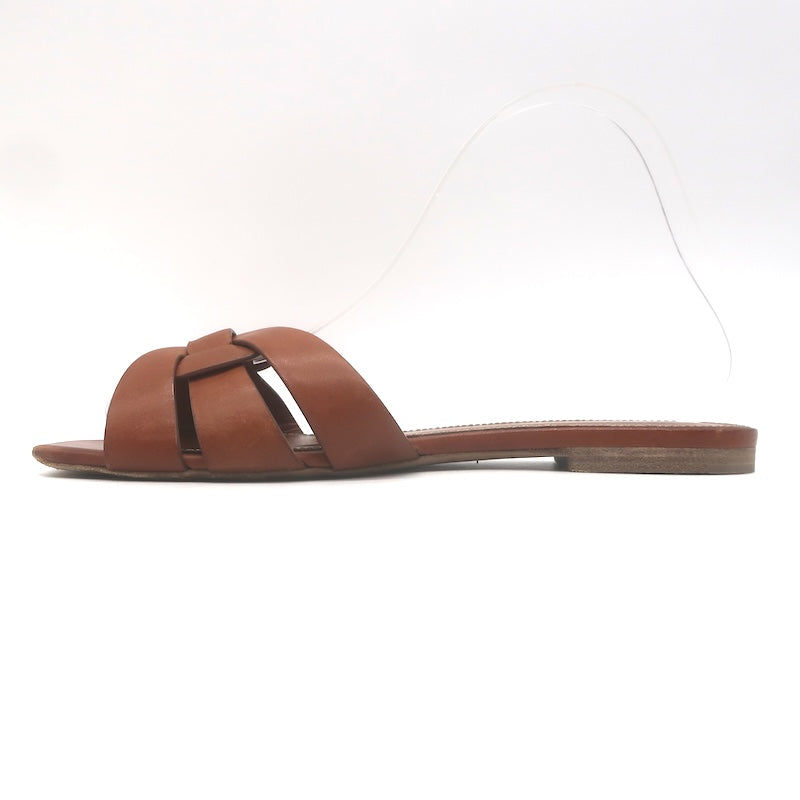 Saint Laurent Tribute Flat Slide Sandals Brown Leather Size 37