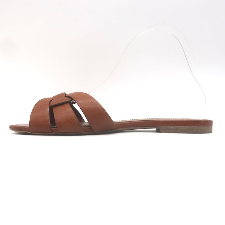 Saint Laurent Tribute Flat Slide Sandals Brown Leather Size 37