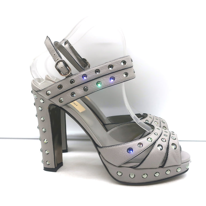 Valentino Crystal-Embellished Platform Slingback Sandals Gray Leather Size 37