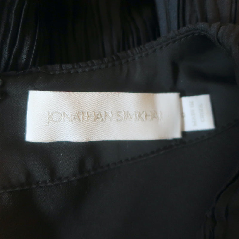Jonathan Simkhai Blouson-Sleeve Drawstring Top Black Pleated Satin Size 6