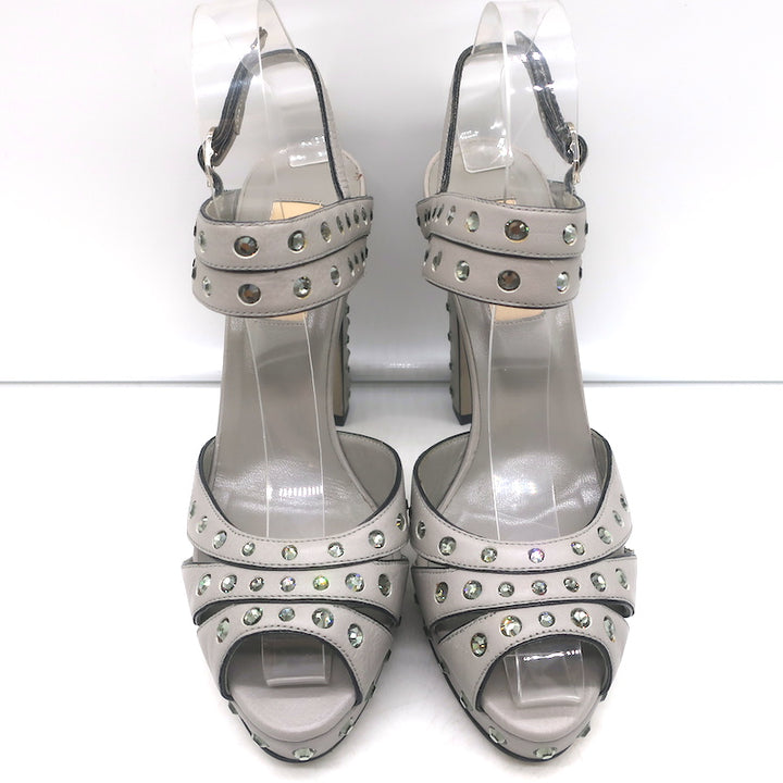 Valentino Crystal-Embellished Platform Slingback Sandals Gray Leather Size 37