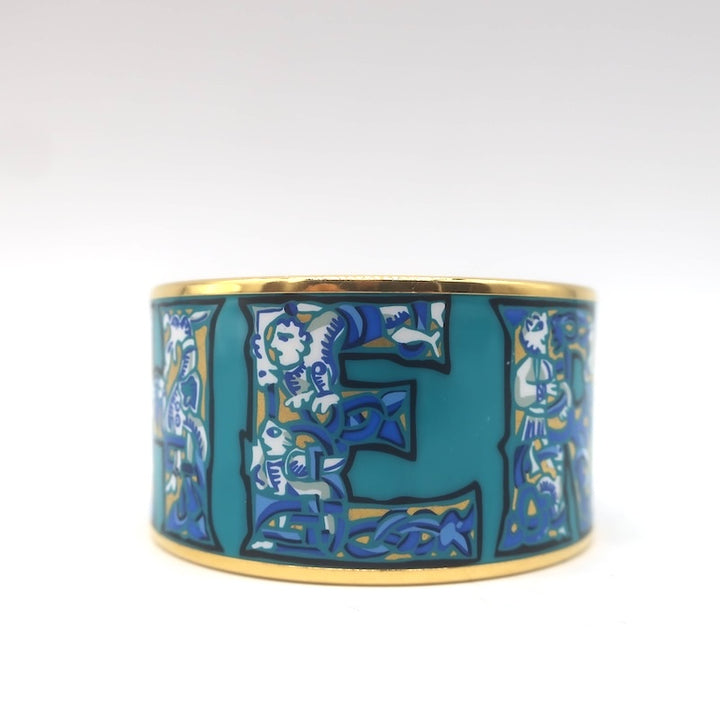 Hermes 2006 Russian Alphabet Extra Wide Enamel Bangle Bracelet Blue