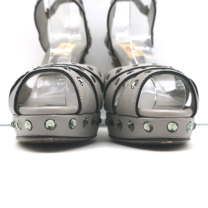 Valentino Crystal-Embellished Platform Slingback Sandals Gray Leather Size 37