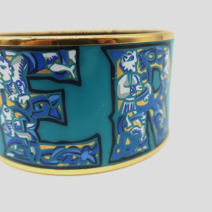 Hermes 2006 Russian Alphabet Extra Wide Enamel Bangle Bracelet Blue