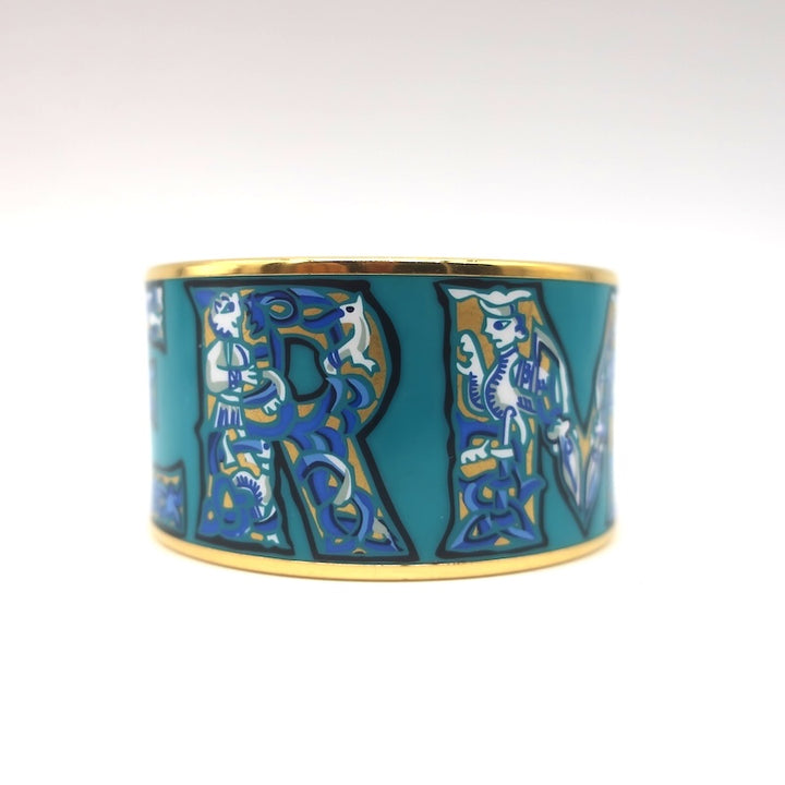 Hermes 2006 Russian Alphabet Extra Wide Enamel Bangle Bracelet Blue