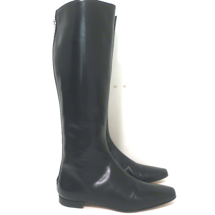 Manolo Blahnik Knee High Flat Boots Black Leather Size 37