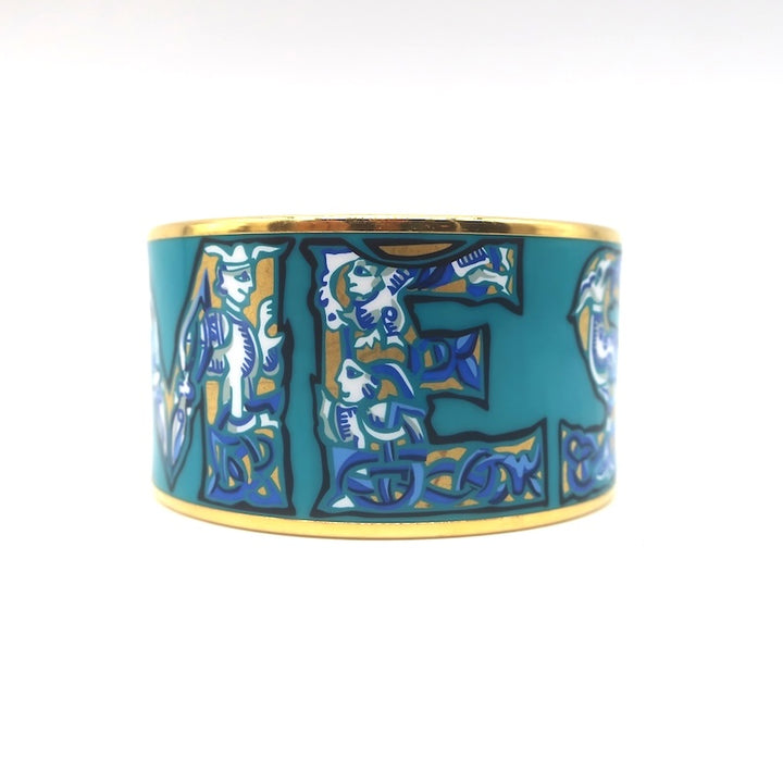 Hermes 2006 Russian Alphabet Extra Wide Enamel Bangle Bracelet Blue