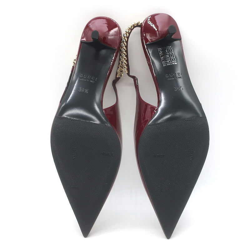Gucci Signoria Logo Chain Slingback Pumps Burgundy Patent Leather