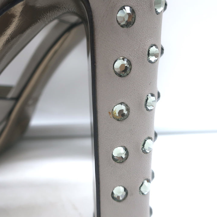 Valentino Crystal-Embellished Platform Slingback Sandals Gray Leather Size 37