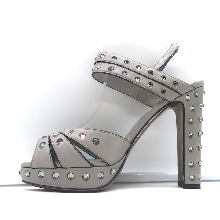 Valentino Crystal-Embellished Platform Slingback Sandals Gray Leather Size 37