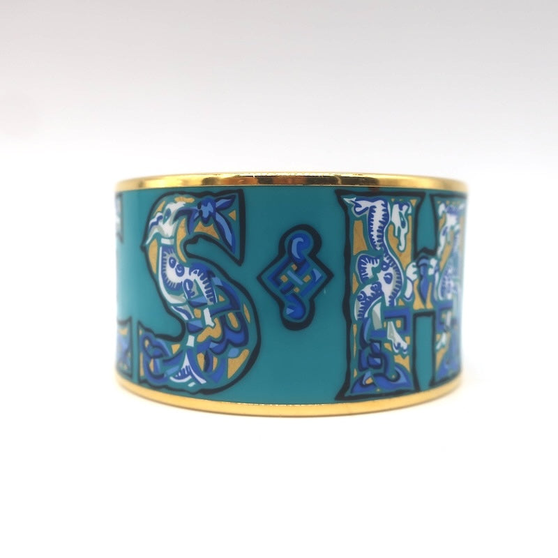 Hermes 2006 Russian Alphabet Extra Wide Enamel Bangle Bracelet Blue