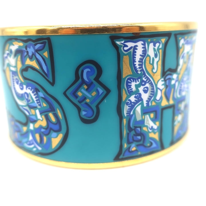 Hermes 2006 Russian Alphabet Extra Wide Enamel Bangle Bracelet Blue