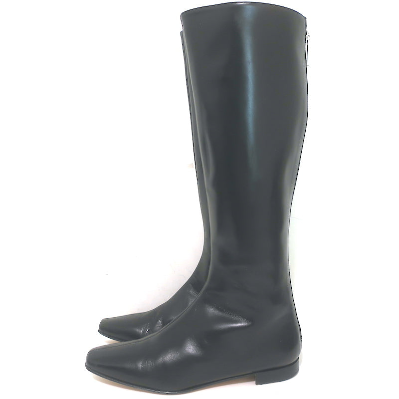 Manolo Blahnik Knee High Flat Boots Black Leather Size 37