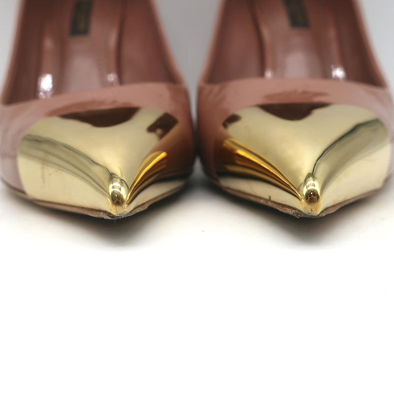 Louis Vuitton Allamanda Gold Cap Toe Pumps Rose Monogram Vernis Size 37.5