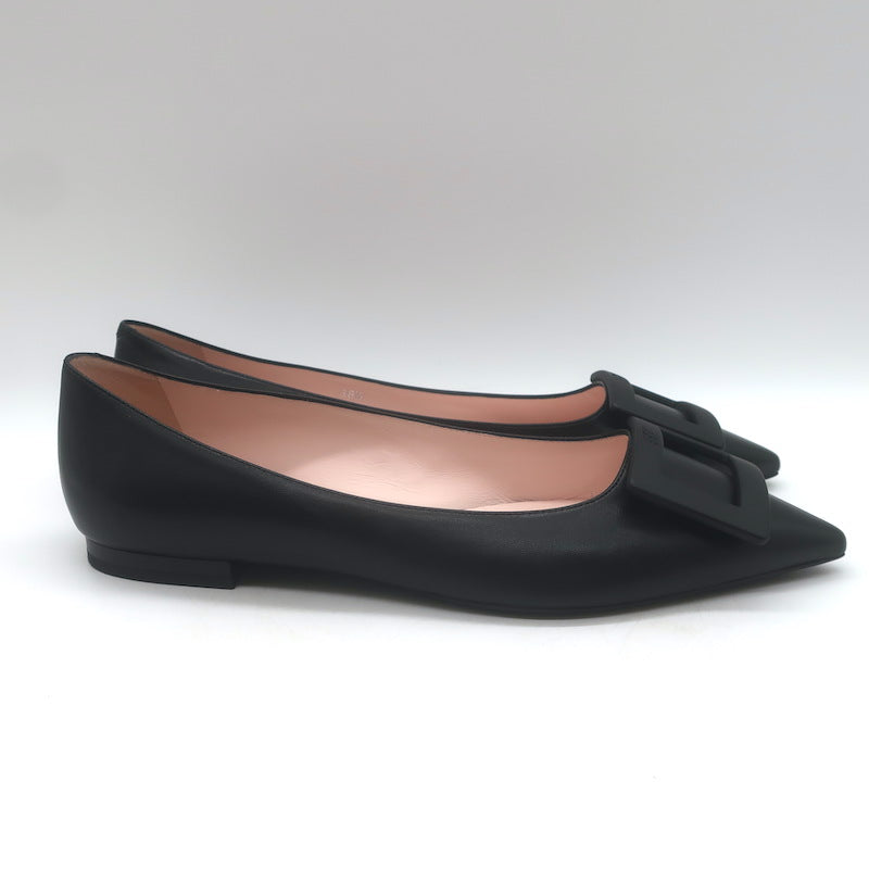 Roger Vivier Gommettine Tonal-Buckle Ballet Flats Black Leather Size 38.5