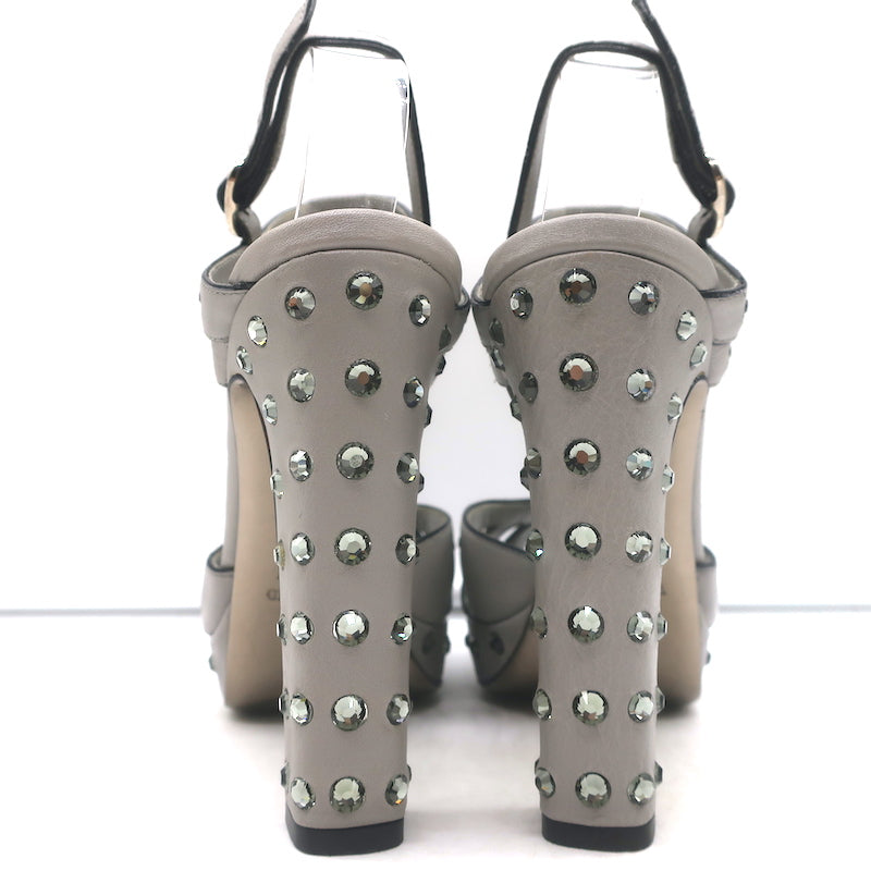 Valentino Crystal-Embellished Platform Slingback Sandals Gray Leather Size 37